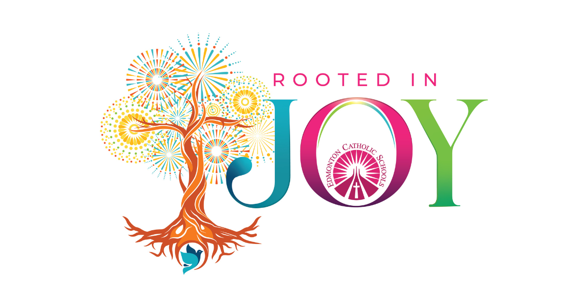 Rooted in Joy logo featuring a tree growing from a dove, representing faith, growth, community, and joy at Edmonton Catholic Schools.
